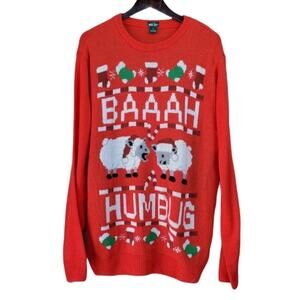 Dec 25th BAAAH Humbug Ugly Christmas Sweater Red Pullover Funny Punny Sheep L